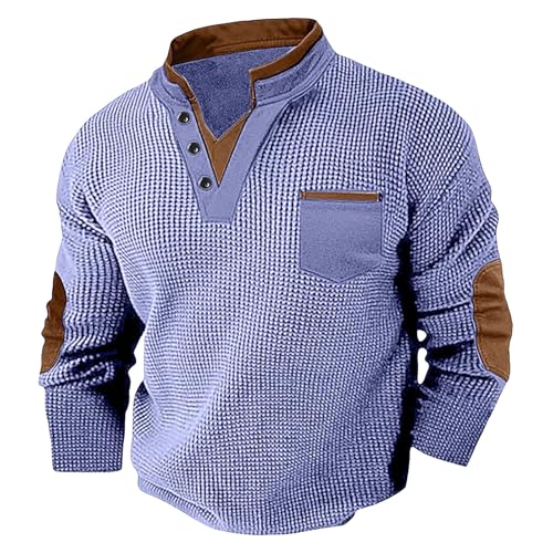 Mens Waffle Sweatshirt Casual Knited Long Sleeve Thermal Stand Collar Pullover Sweater Stylish Warm Cozy V Neck Henley Shirts