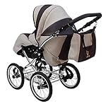 SKYLINE Klassisch Retro Stil Kombi-Kinderwagen Buggy 3in1 Reise System Autositz (Isofix) (Beige/14"Luft Bereifung)