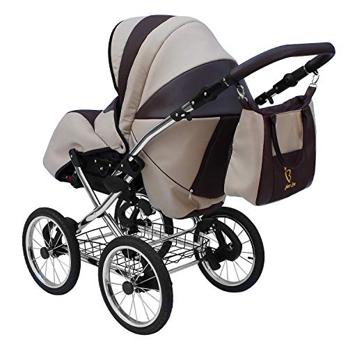 SKYLINE Klassisch Retro Stil Kombi-Kinderwagen Buggy 3in1 Reise System Autositz (Isofix) (Beige/14"Luft Bereifung)
