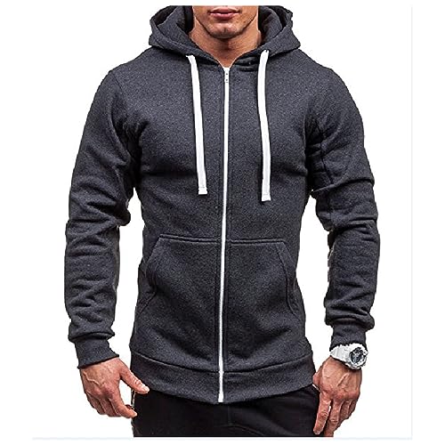 Wankang Men Trendy Solid Color Hooded Sweatshirt Full Zip Hoodie Sweatshirts Casual Long Sleeve Loose Jacket Coat with Pocket