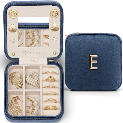 Vlando Teacher Must Haves, Personalized Initial Jewelry Case, Back to School Gift, Teacher Appreciation Gift, Travel Jewelry Case with Initial - Letter E, Dark Blue Dark Blue E