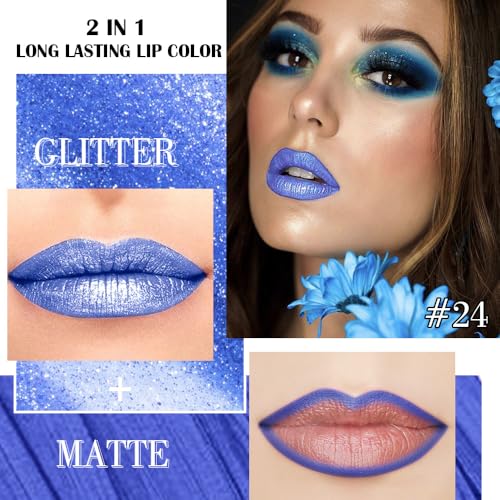 Image of evpct Blue Metallic Glitter Lip Liner and Lipstick Combo Lip Gloss Stain Set Makeup for Women Long Lasting Waterproof 24, Non Stick Cup Metal Shine Shimmer Iridescent Liquid Lipstick 24