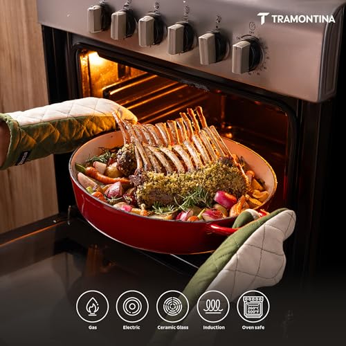 Image of TRAMONTINA Bestow Oval Dutch Oven 5.2L with Lid | Enameled Cast Iron Casserole Pot & Biryani Pot | Even Heat Retention | Low Oil Healthy Cooking | No Seasoning Required | All Cooktops Compatible | Red
