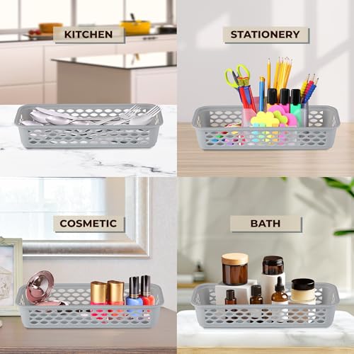 Image of RATAN PLASTICWARE Diana Tray Rectangular-Narrow (Pack of 6) Plastic Storage for Desk Basket /Organizers for Stationery, Jewellery, Tools,Kitchen, Office-Daiso Grey