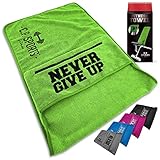 C.P. SPORTS Fitness Handtuch Towel Mikrofaser | Fixierung + Tasche mit Reißverschluss | Fitnessstudio Gym Training Sport | extra weich, waschbar, lang & groß | für Frauen & Männer | Farbe Neongrün