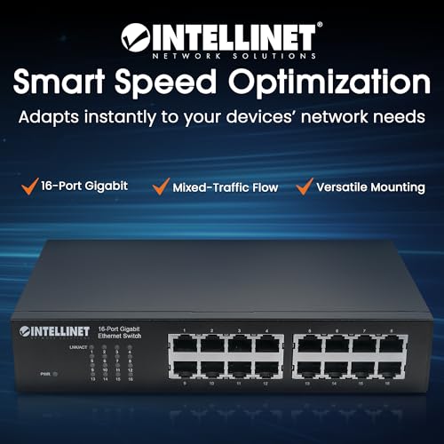 Image of Intellinet 16-Port Gigabit Ethernet Switch - High-Speed Network Performance, Rackmount Brackets Included, Energy Efficient, Fanless Design, 32Gbps Throughput - 561068