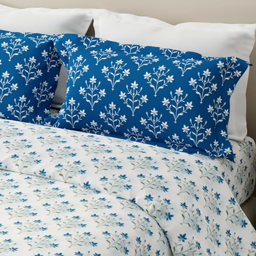 Image of Layers 100% Cotton for King Size Bed | 120 TC Floral, Soft, Breathable, Machine Washable Bedsheet with 2 Pillow Covers | Forever Collection (274 x 274 cm) - Blue & White