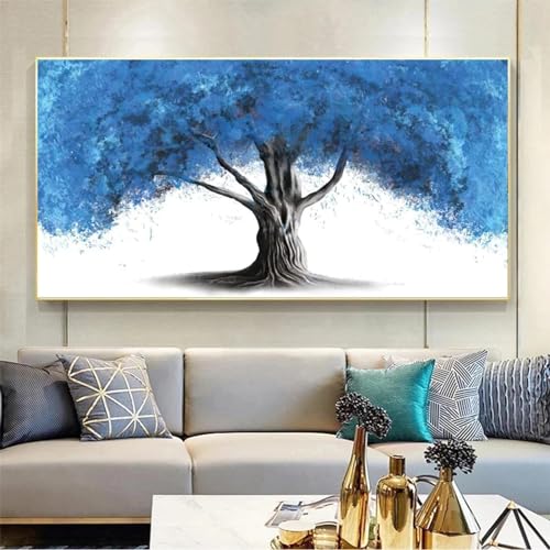 Peinture arbre de vie bleu 60x120 cm avec cadre interne pour habiller un grand mur vide