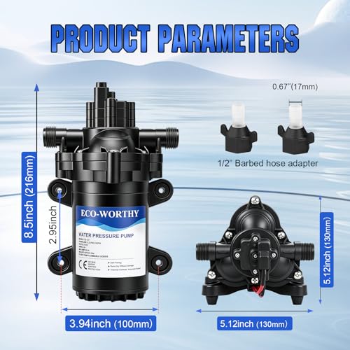 Image of ECO-WORTHY RV Water Pump 12Volt 3.5GPM 50PSI 12V Fresh Diaphragm Pump with Pressure Switch and Self-Priming for RV Yacht Garden Sprayer Food Truck