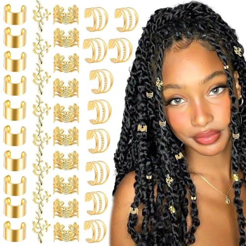 40PCS Gold Hair Jewelry Adjustable Hair Cuffs Metal Braid Clips Jewelry Non-Piercing Ear Clips Loc Dreadlock Accessories for Women and Girls