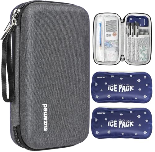 Image of suzamed Insulin Cooler Travel Case, 2x150g Ice Pack TSA Approved, Dark gray | EVA Insulation Travel Medicine Kit for 1-5 Pens & Diabetic Supplies, Diabetes Care, Portable Handle for Daily Use & Trip