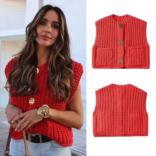 Image of YBSKG Womens Crochet Knit Top Sleeveless Button Down Crop Top Open Front Sweater Cardigan Vest with Pockets