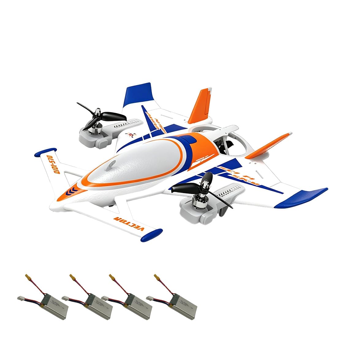 Brushless RC Flugzeug Modell, 8-Kanal 2,4GHz Starrflügel Flugzeug aus EPP, Schwebeflug, Senkrechtstart, 6-Achsen Gyro Stabilisierung, RTR- Orange/4 Akku