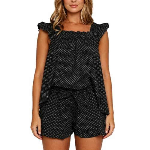 Image of SOOKABEILA Women 2 Piece Lounge Set Sleeveless Striped Cami Peplum Top Boxer Shorts Loose Ruffle Matching Pj Sets Outfits