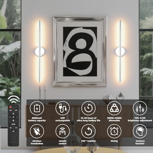 Image of Battery Operated wall Sconce Set of 2, Chrome 27.5 inch LED USB Rechargeable dimmable wall Sconce with Remote Control, Rotate 350 for Living Room, Bedroom, Hallway and scones Lighting