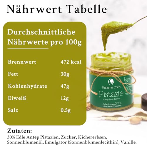 Madame Chéri Pistaziencreme vegan aus 30% Antep Pistazien | 200g | Pistazienaufstrich auf Kichererbsenbasis ohne Zusatzstoffe aus der Türkei | Pistazien ideal für Brot und zum Füllen von Kuchen