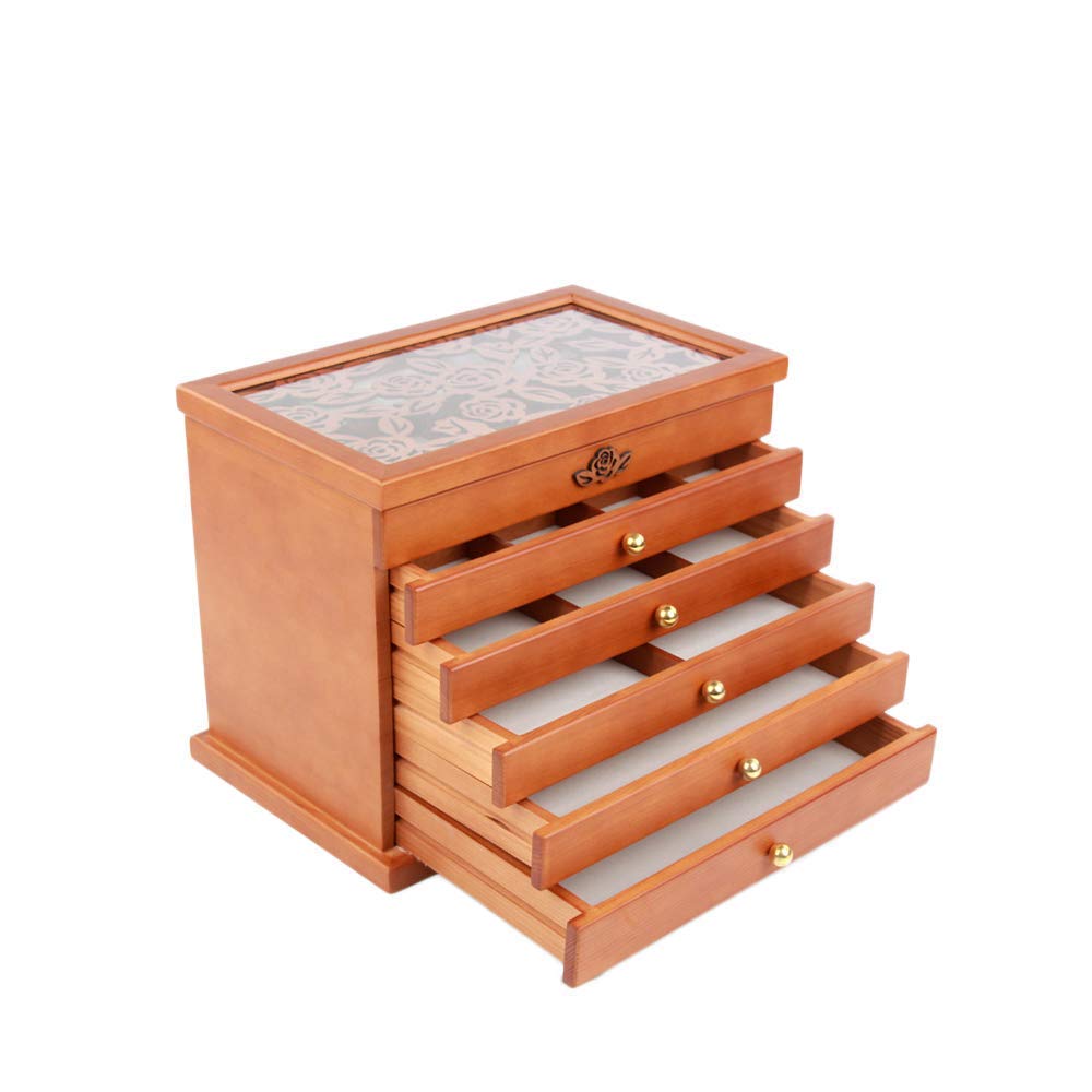 XBTGS Luxuriöse Holz-Schmuckschatulle für Uhren, Ringe, Armbänder, Halsketten, Manschettenknöpfe, Schmuckschrank mit 6 Ebenen, 5 Schubladen, Unisex-Geschenk-Box, groß, transparent, Showca,