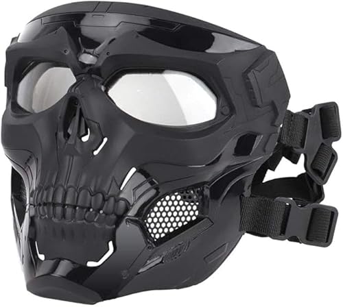 Bvawtrs Máscara tática protetora de rosto completa, transparente, máscara de caveira, design duplo, alça ajustável, modo de uso