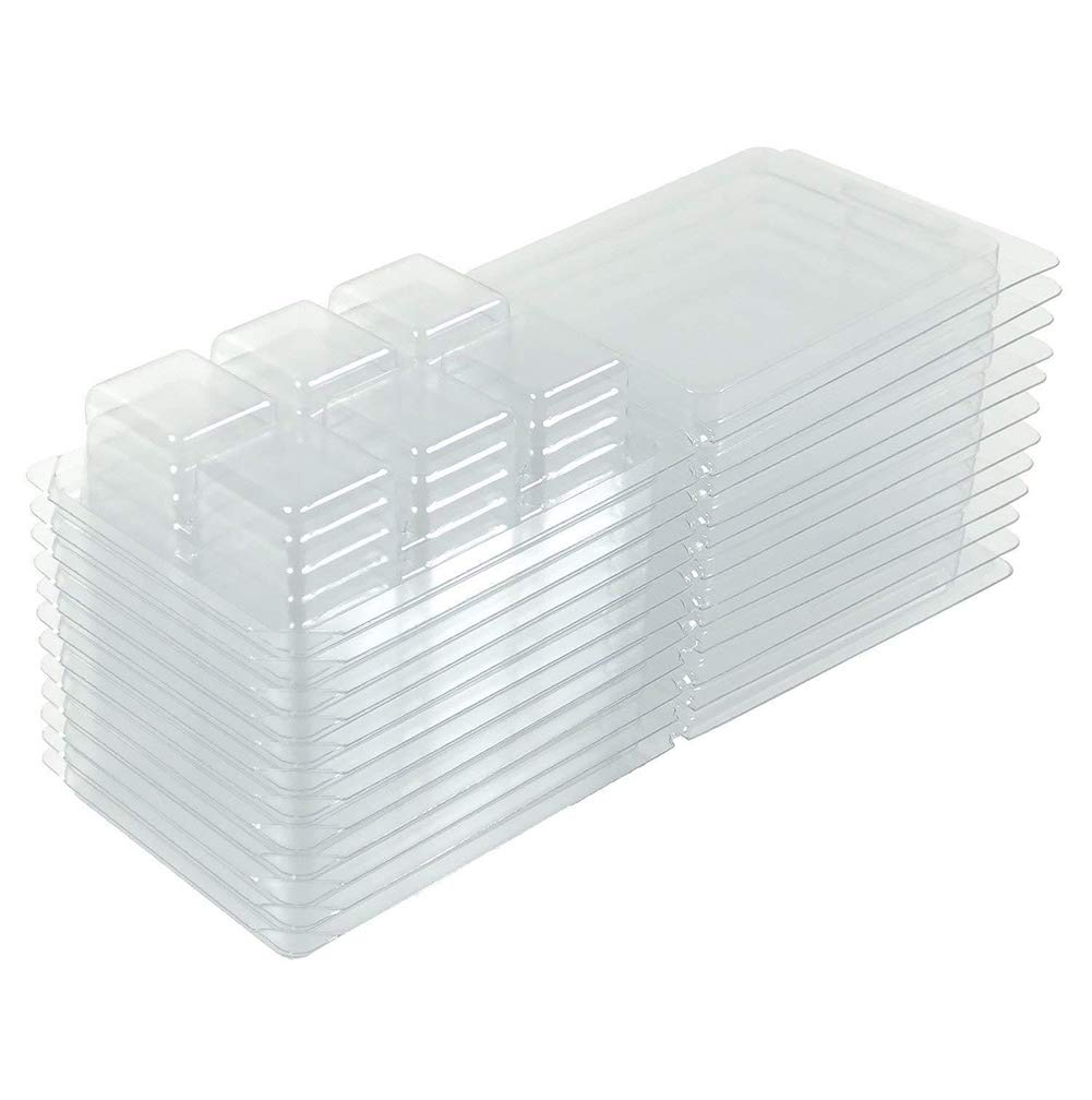 HugeDE 20 Pcs 6 Cavity Clear Plastic Wax Melt Molds Soap Wax Melts Boxes Clamshell Mould Cube Tray for Candle Making Square