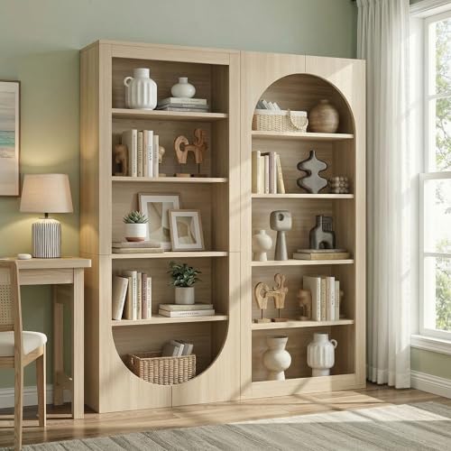 Image of 71 inch Arched Bookcase, 5-Tier Reversible Farmhouse Shelf | Reversible arch. 5 shelves. 50 lb per shelf. 11.81 inchD x 29.5 inchW x 71 inchH. Light brown finish.