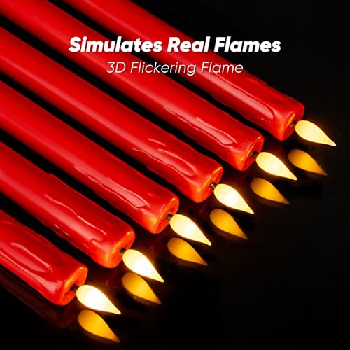 Image of Homemory 6 Pcs Real Wax Made Flameless Taper Candles with Remote and Timer, Red Battery Operated Candlesticks Flickering, 9.6 inch Led Taper Candles with Lifelike Flame for Xmas Home Date Decor