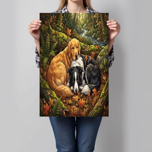 Toile Golden Retriever Border Collie affiche décoration murale animaux forêt 60x90