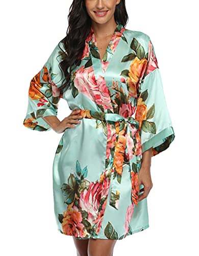 Image of VOGMATE Floral Silk Robes for Women Short Satin Kimono Bride Bridesmaid Robes Bathrobe