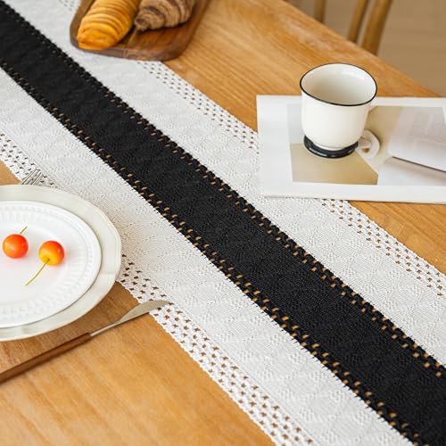 Image of FEXIA Boho Table Runner for Summer Home Decor with Tassels 90 Inches Long Farmhouse Rustic Black Gothic Table Runner Macrame Gothic Burlap Table Decoration for Kitchen Living Room (12x90 Inches)