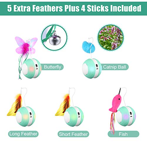 Interactive Cat Toys Ball with Colorful Light & Bird Sound - USB Charging Automatic Irregular 360 Degree Self Rotating Ball - 5 Replacement Feathers Robotic Cat Toy for Indoor Cats Kitten (Green)