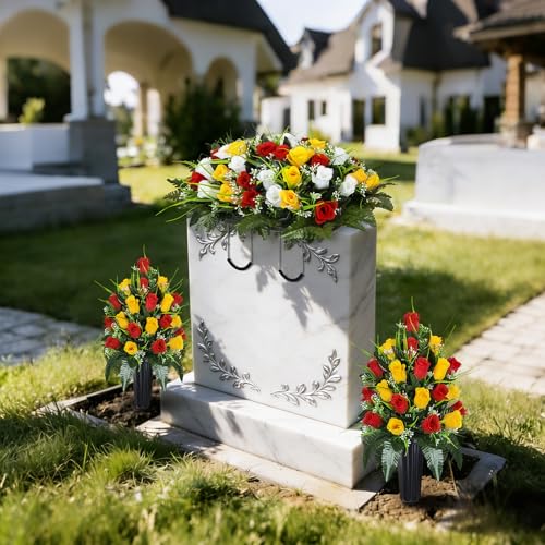 Artificial Cemetery Flowers Saddle, Grave Flowers Rose for Cemetery, Memorial Headstone Flowers Saddle for Grave Tombstone Decorations (1, Red & Yellow & White) image 2