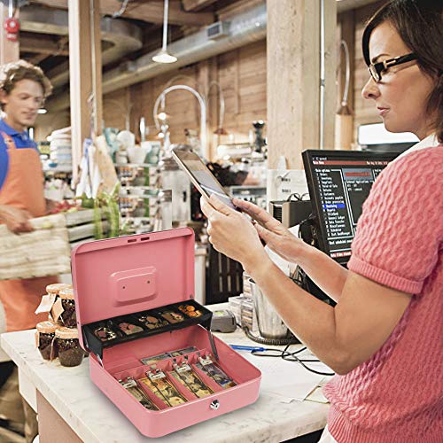 Kyodoled Locking Cash Box With Lock,Money Box With Cash Tray,Lock Safe Box With Key,Money Saving Organizer,11.81Lx 9.45Wx 3.54H Inches,Pink Xl Large #TOP6