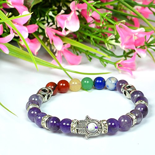 Image of Reiki Crystal Products Certified Natural Crystal Stone 7 Chakra with Hamsa 8 mm Round Beads Bracelet for Men & Women | Reiki Charged Gemstone Bracelet | Multiple Stone Variants Available