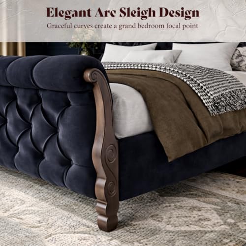 Image of AMERLIFE Upholstered Queen Bed Frame, 53 inch Tall Sleigh Bed with Button Tufted Chenille Headboard and Footboard, Platform Bed with Carved Solid Wood Legs, No Box Spring Needed, Black