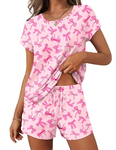 Image of Ekouaer Women 2 Piece Pajamas Set Short Sleeve Comfy Lounge Set Round Neck Tops and Shorts Pjs with Pockets