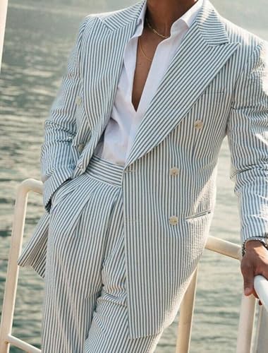 VENNYNG Men Stripes Suit Jacket Summer Double Breasted Seersucker Lightweight Sport Coat Casual Beach Party Blazer4