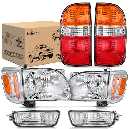 Nilight Headlight and Taillight Assembly Combo Compatible with 2001 2002 2003 2004 Toyota Tacoma OE Style Chrome Housing Amber Reflector with Red Housing Tail Lights