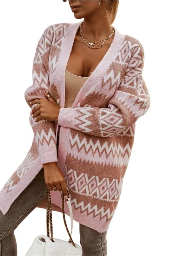 Womens Pink Aztec Open Front Cardigan Long Sleeve Knit Sweater Boho Casual Plus Size Long Fall Cardigans for