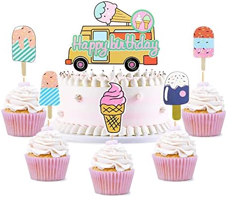 Ercadio 5 Pack Ice Cream Cake Toppers Ice Cream Happy Birthday Cake Picks Summer Hawaii Ice Cream Cake Toppers Ice Cream Cupcake Toppers for Summer Theme Birthday Baby Shower Party Decor Supplies