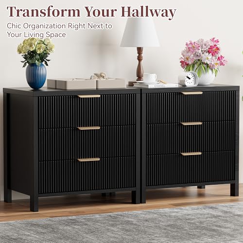 Image of Fluted Nightstands Set of 2, 23.7'' Wide Night Stand with 3 Drawers, Mid-Century Modern Bedside Table with Handles, Wood End Table for Bedroom, Black