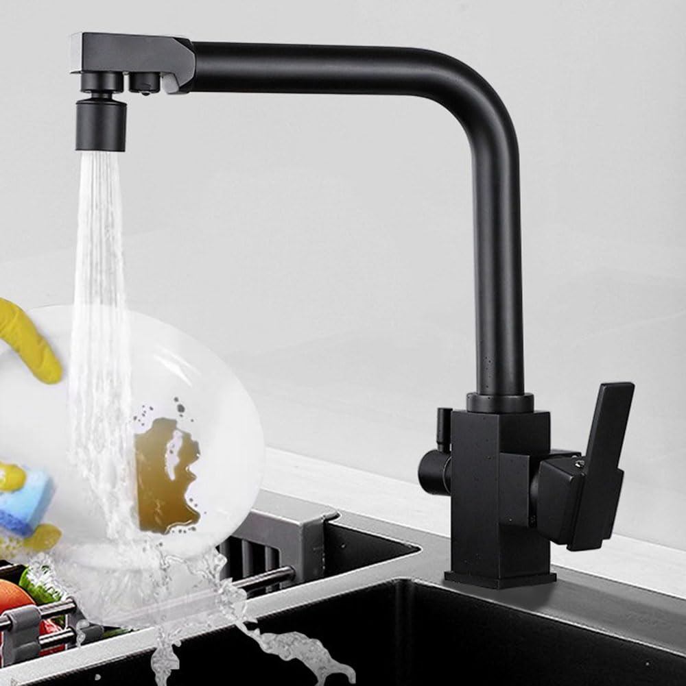 Grifos de 3 vías para Fregadero de Cocina de latón, grifos mezcladores Kchen, Grifo Mezclador 3 en 1 de Modo Dual Giratorio con 1 Orificio para Filtro de Agua, Dorado