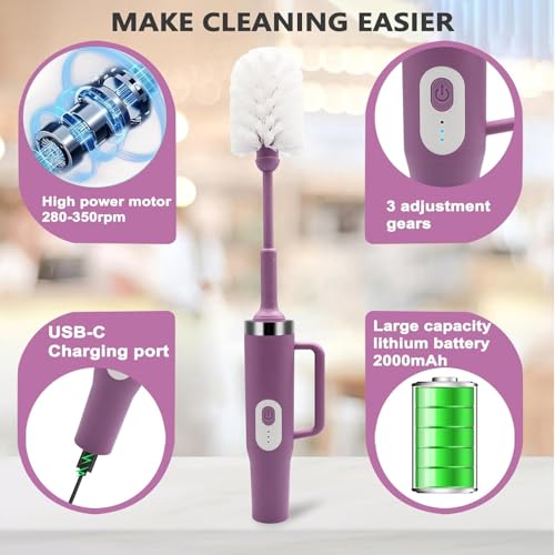 Image of 5 in 1 Electric Bottle Brush Cleaner Compatible Stanley Bottle Brush Straw Cleaner Multifunction Rechargeable IPX6 Waterproof Extra Long Design for Stanley Cup, Sports Bottle and More (Purple-1)