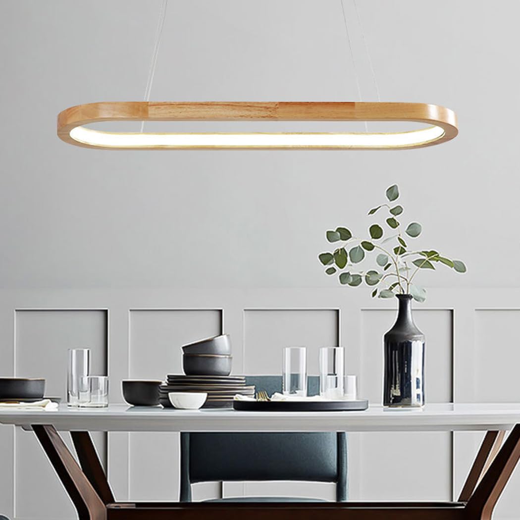 Pendelleuchte Modern Oval Esstischlampen LED Büro Hängeleuchte Dimmbar Wohnzimmer Deckenleuchte Höhenverstellbar Schlafzimmer Deko Hängend Lampen für Küche Bar Esszimmer Deckenlampe (Holz, L90CM)