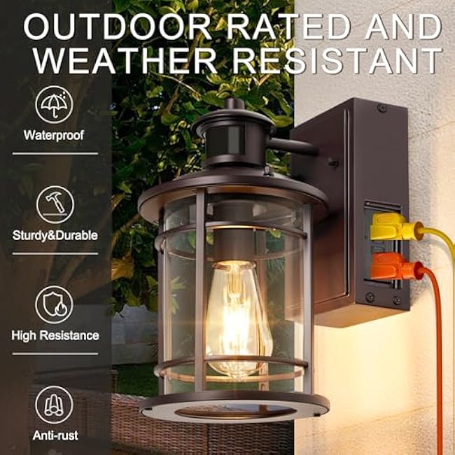 Retro Industrial Brown Outdoor Wall Lights with GFCI Outlet - Dusk to Dawn & Motion Sensor Porch Light, 3 Modes, Waterproof Anti-Rust Exterior Sconce for Porch,Garage, Patio, House