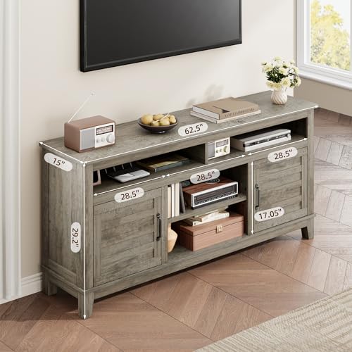 Image of 63 Inch TV Stand for Televisions Up to 70 Inches, Rustic Farmhouse Media Console with Height-Height-Customizable Shelves & Cabinet Doors, Entertainment Center for Living Room or Bedroom,Gray