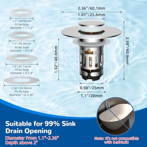 Hibbent Upgraded 3 in 1 Bathroom Sink Drain Strainer, Pop Up Stopper - image 7