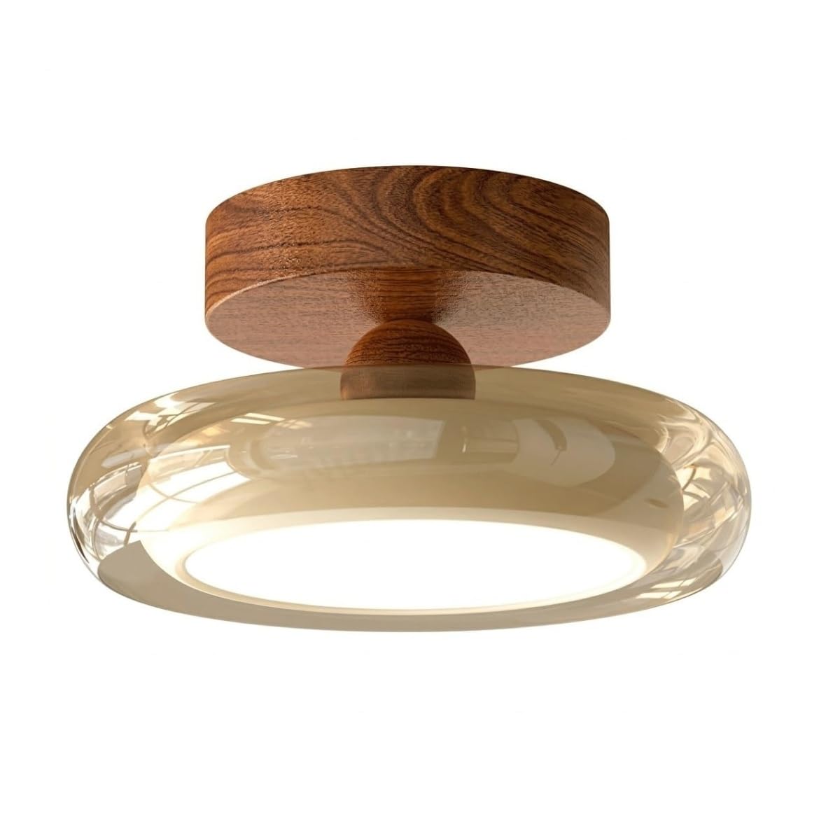 Unterputz-Deckenleuchte, moderne Bauhaus-Deckenleuchte aus der Mitte des Jahrhunderts mit Walnussholzmaserung und Glasringschirm in der Nähe der Deckenleuchte for den Flureingang(Walnut wood color)