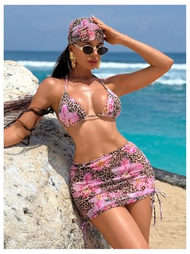 MakeMeChic Women's 4 Piece Bikini Set Floral Leopard Print Halter Triangle Swimwear with Cover Up Skirt2