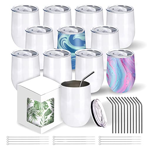 BetterSub12 oz Sublimation Wine Tumblers Double Wall Insulated Stainless Steel Sublimation Cups with Lid Metal Straw Brush Individually Display Box White (12 Packs White)