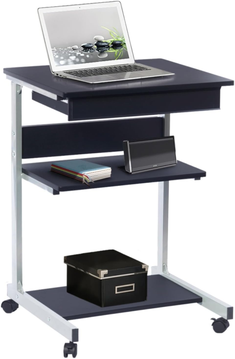Rolling Computer Cart with Locking Casters, Storage Drawer & Two Shelves, Heavy-Duty Moisture-Resistant MDF Surface, Scratch-Resistant, Mobile Workstation for Home Office