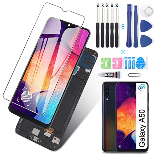 RongZy Écran Tactile LCD Compatible avec OLED Samsung Galaxy A50 SM-A505FN/DS A505FD A505F De Remplacement Touche Ecran Complet De Réparation avec Colle B7000(Non pour A50s) Cover